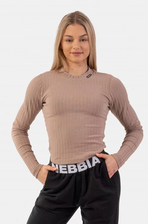 Nebbia Organic Cotton Ribbed Long Sleeve Top 415 - Brown