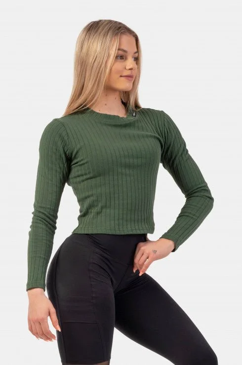 Nebbia Organic Cotton Ribbed Long Sleeve Top 415 - Dark Green