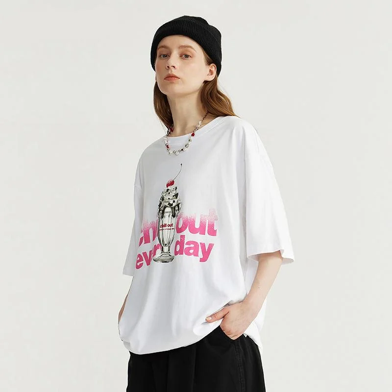 Trendy Summer Ice Cream Cat Print Cotton T-Shirts