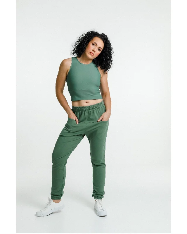 Rose Road Stadium Pant - Moss with Rose Print