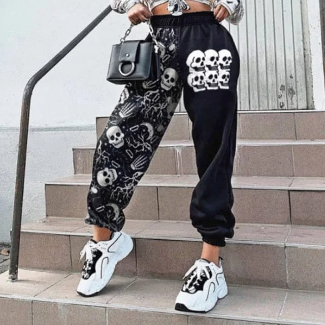 Women's Casual Black Skulls Print Elastic Waist Pocket Wide Leg Pants