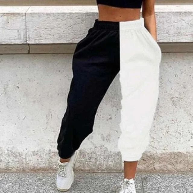 Women's Casual Black & White Print Elastic Waist Pocket Wide Leg Pants