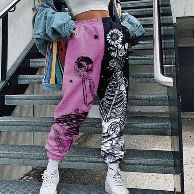 Women's Casual Pink & Black Skull Print Elastic Waist Pocket Wide Leg Pants