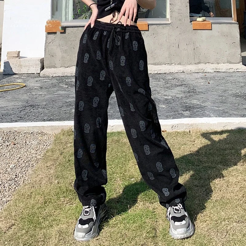 Women's Full Length Loose High Waist Casual 💀Skulls Drawstring Pants 👖