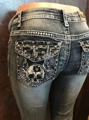 Women's Vintage Embroidered Skull Beaded Casual Jeans