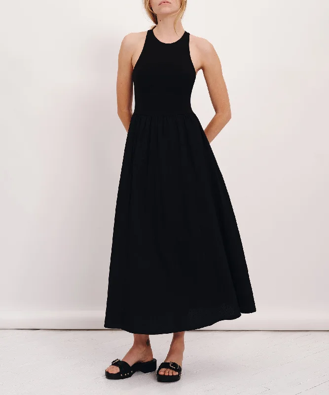 Pima Cotton Mixed Media Maxi Dress - Black