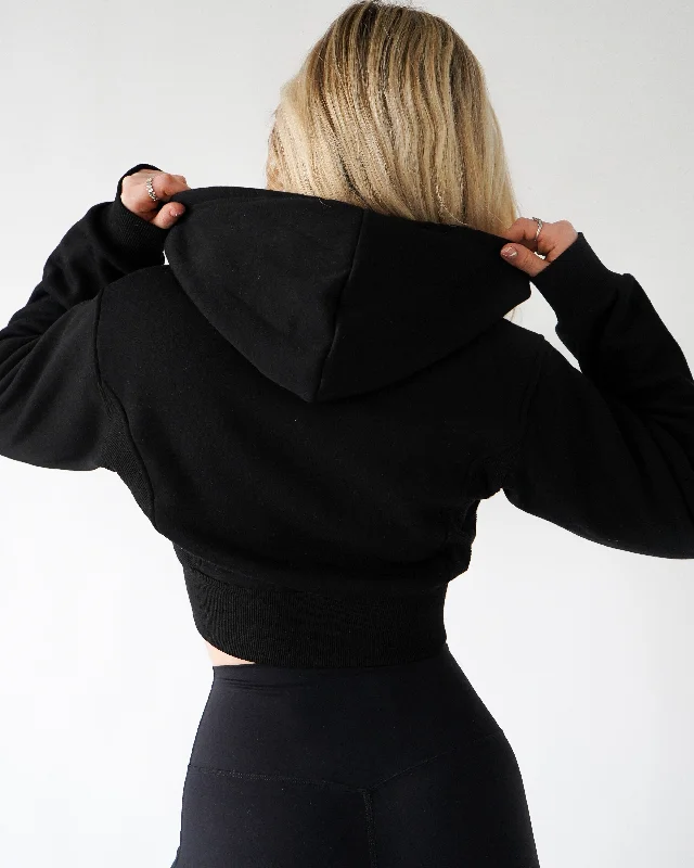 LOUNGE CROPPED ZIP-UP HOODIE - Black