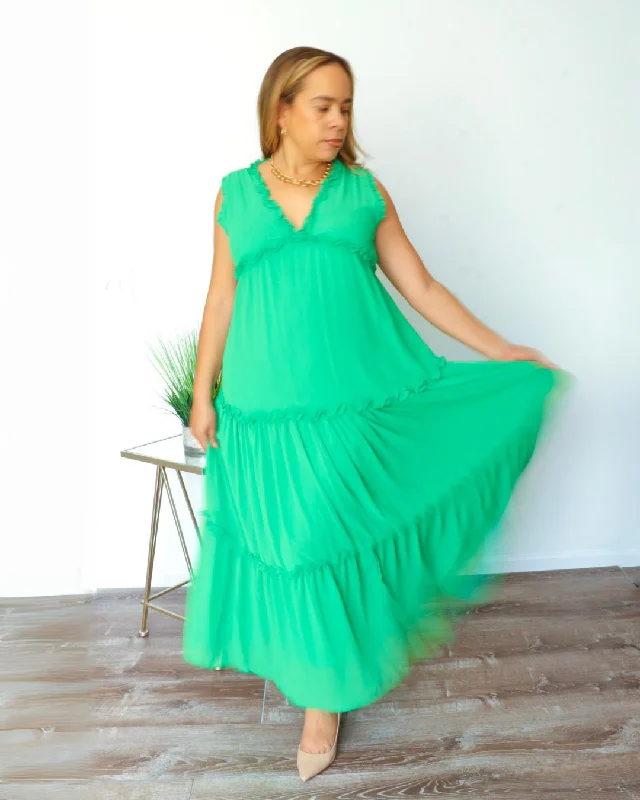 Green Ruffled Tiered Sleeveless Dress