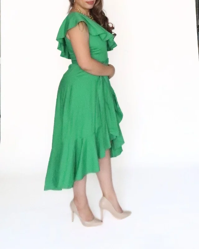 Women’s Poplin Green Midi Dress Ruffle