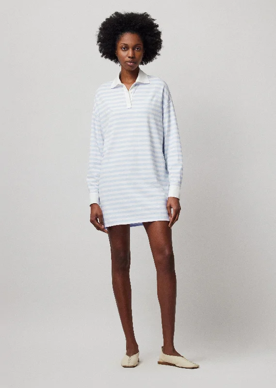 Heavyweight Jersey with Stripe Long Sleeve Polo Dress - White-Powder Blue