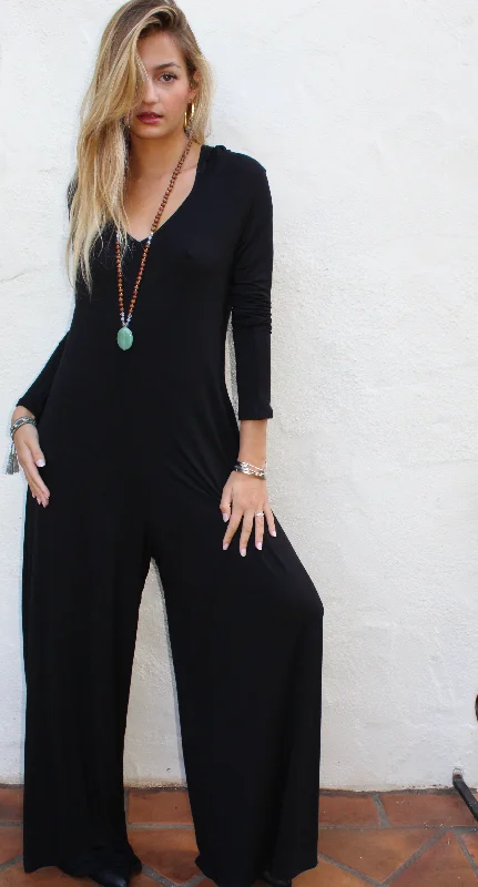 Black Long Sleeve Wide Leg Hooded Jumpsuit