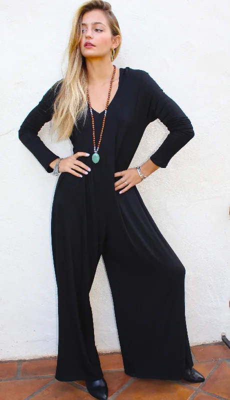 Black Long Sleeve Wide Leg Hooded Jumpsuit