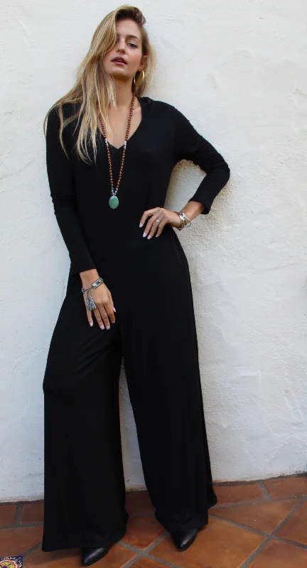 Black Long Sleeve Wide Leg Hooded Jumpsuit