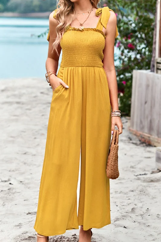 Frill Trim Tie Shoulder Wide Leg Jumpsuit with Pockets