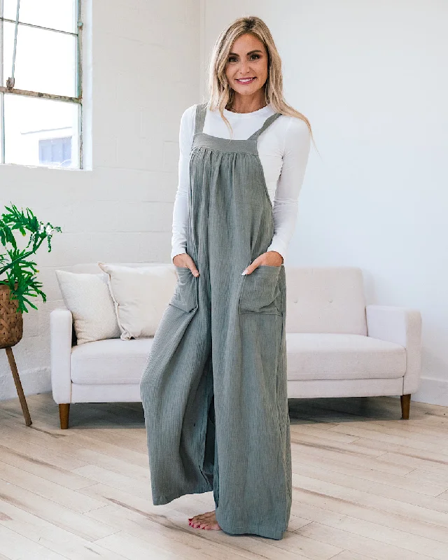 Gauze Wide Leg Overall Jumpsuit - Olive Gray FINAL SALE