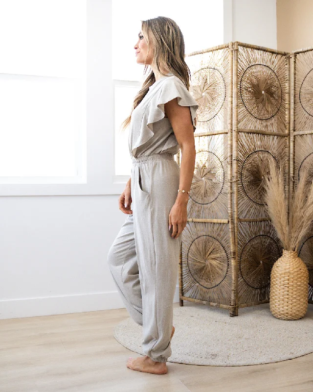 Melanie Flutter Sleeve Jumpsuit - Taupe FINAL SALE