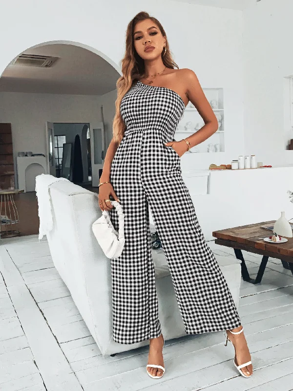 Plaid One-Shoulder Wide Leg Jumpsuit with Pockets