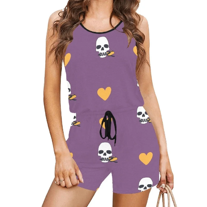 Purple Skull Hearts Women's Tie Waist Romper