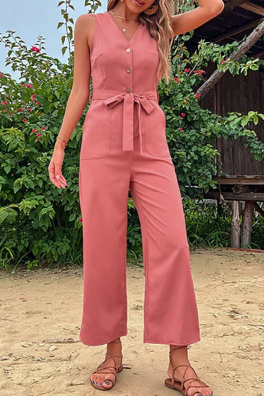 V-Neck Belted Sleeveless Jumpsuit with Pockets LALA D&C