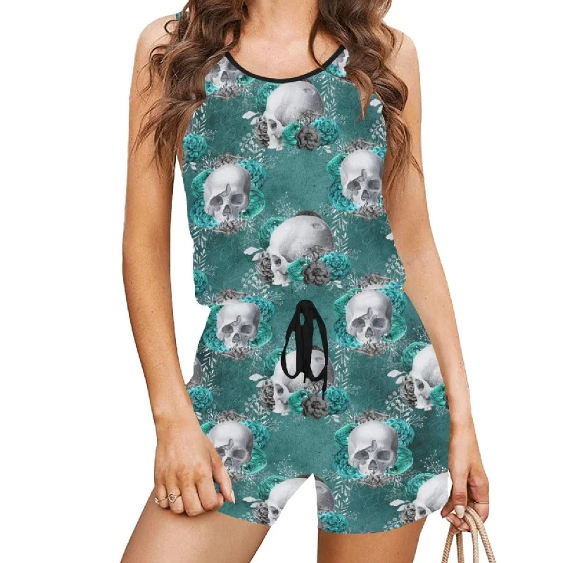 Women's Blue Skulls Short Tie Waist Romper