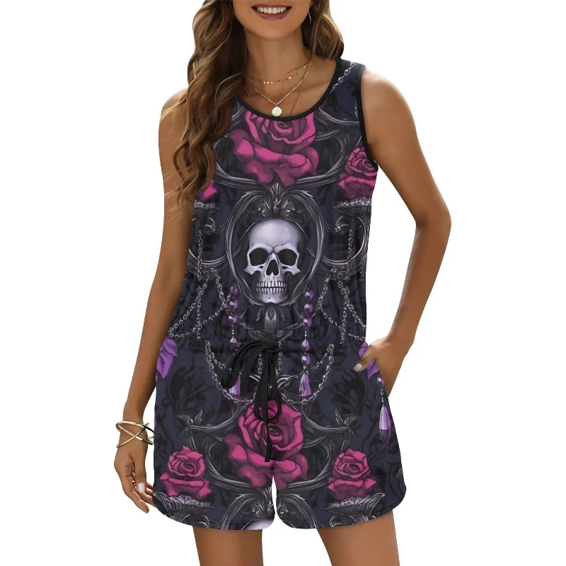 Women's Skull Chandalers Pink Flowers Romper