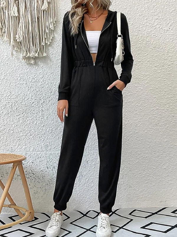 Zip Up Elastic Waist Hooded Jogger Jumpsuit LALA D&C