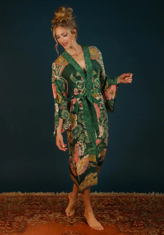 Powder Folk Art Floral Kimono Gown, Fern