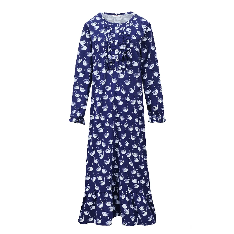 Women's Premium Flannel Long Gown - Swan Navy White