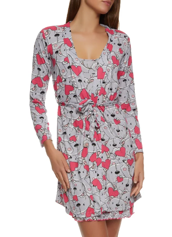 Ribbed Bear Print Cami Nightgown and Robe