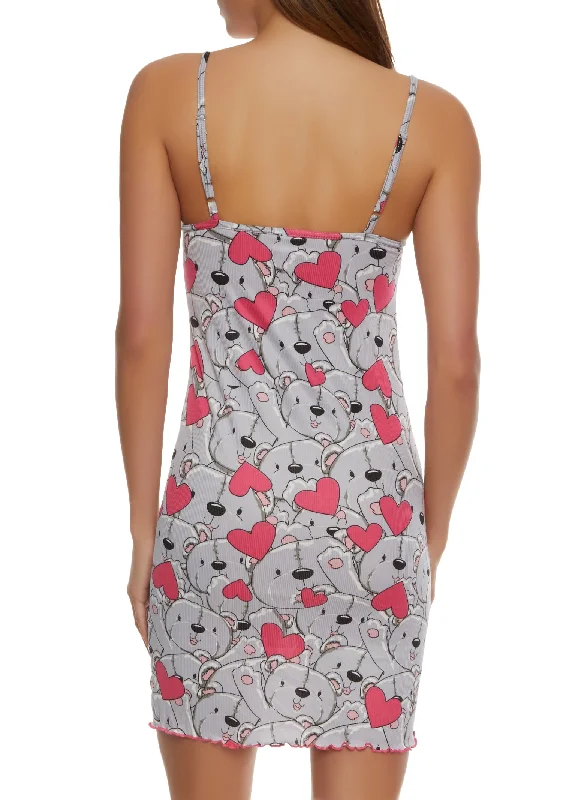 Ribbed Bear Print Cami Nightgown and Robe