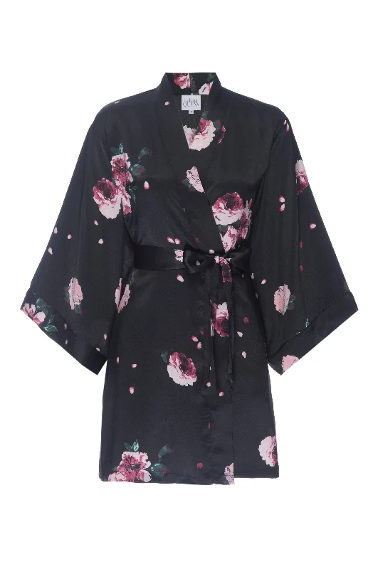 Silk Charmeuse Robe: Black Rose Print