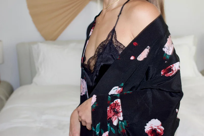 Silk Charmeuse Robe: Black Rose Print