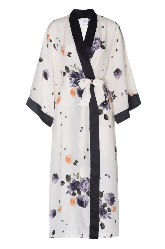 Silk Charmeuse Long Silk Robe: Garden Floral Print Robe