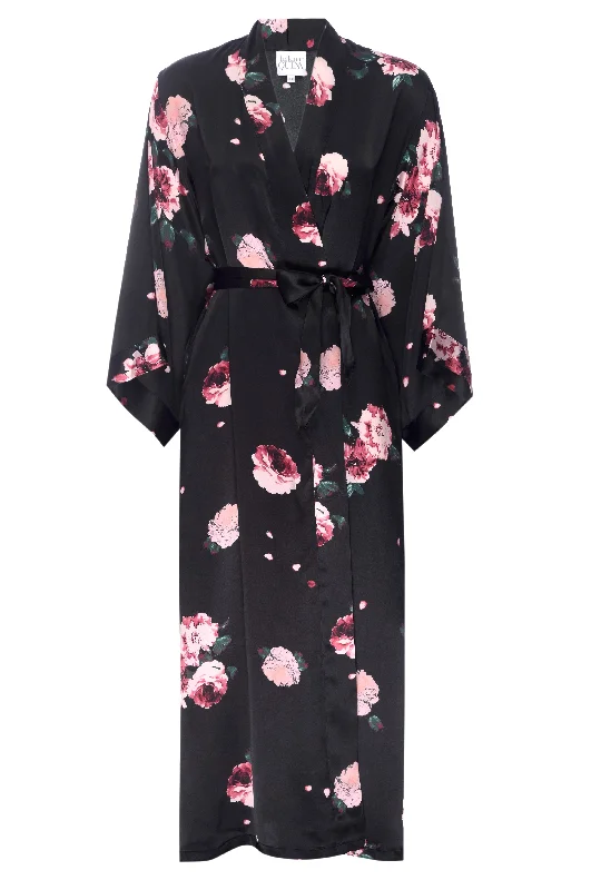 Silk Charmeuse Long Robe: Black Rose Print