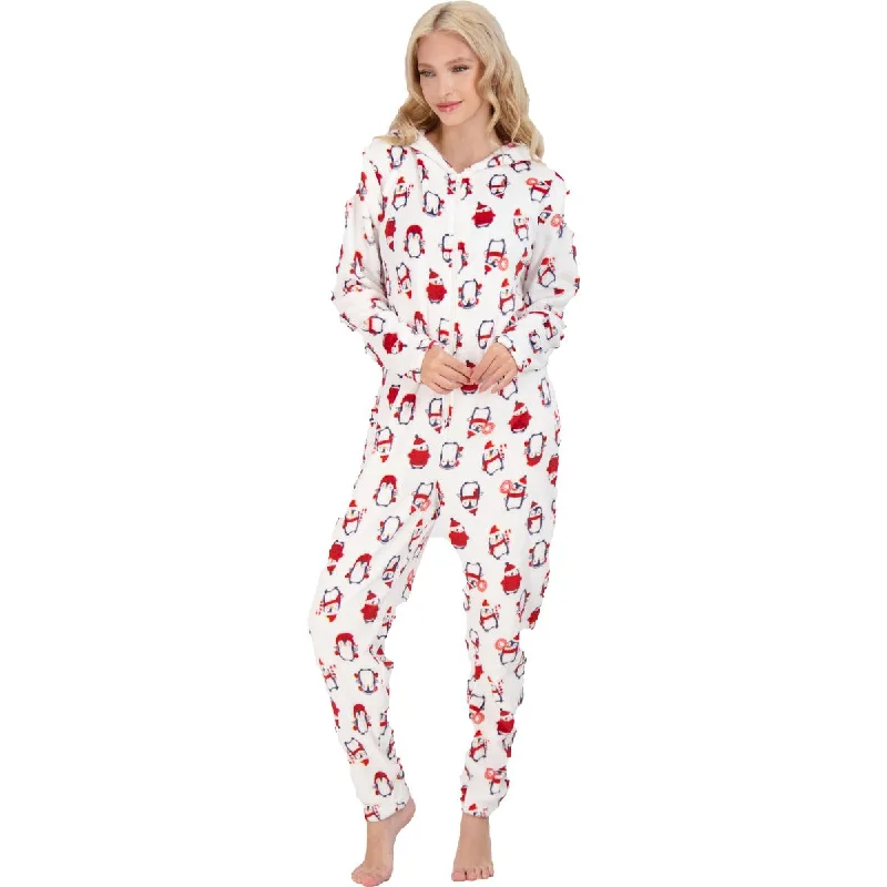 NYC Underground Women's Printed Holiday One-Piece Hooded Pajamas