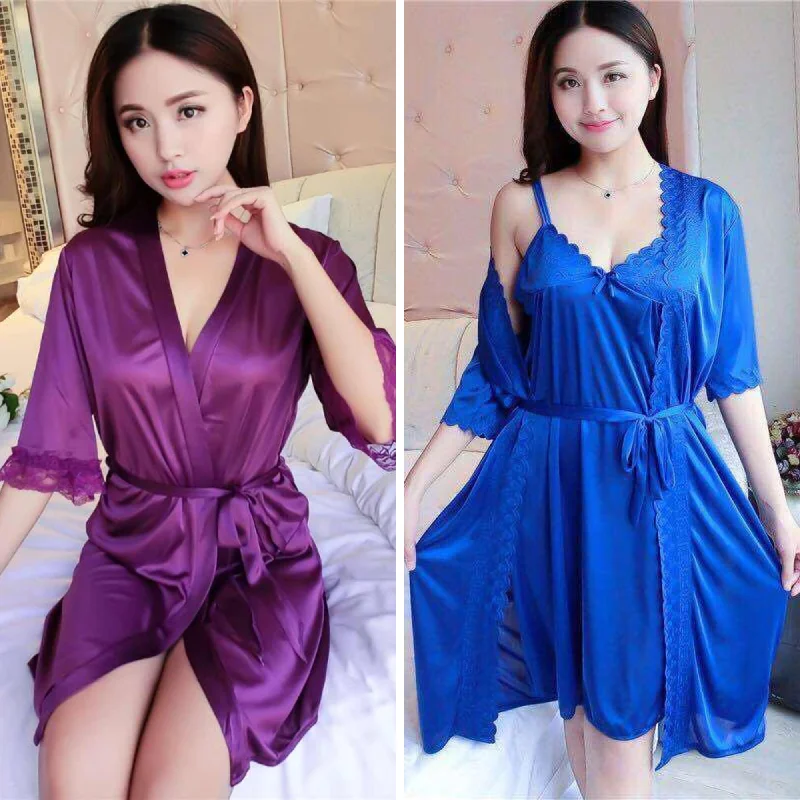 Pack Of 2 - Short Night Dress & Full Sleeves Robe - Purple & Navy Blue