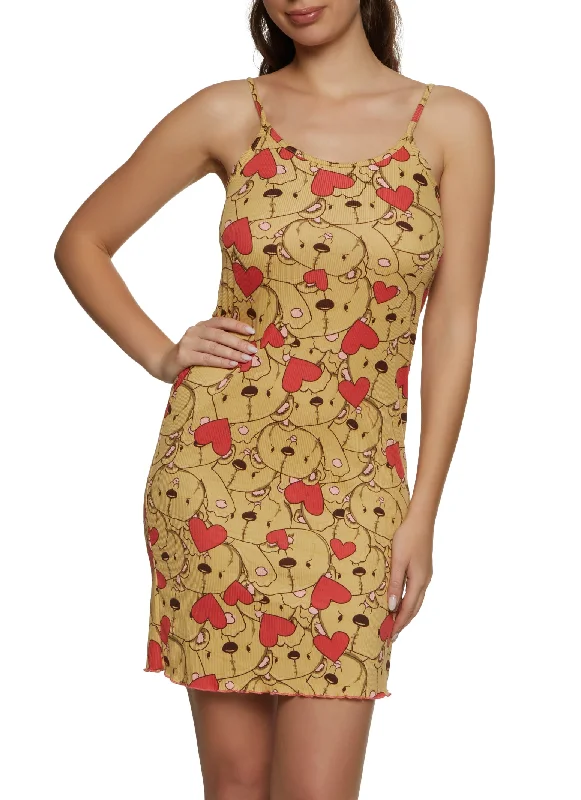 Ribbed Bear Print Cami Nightgown and Robe