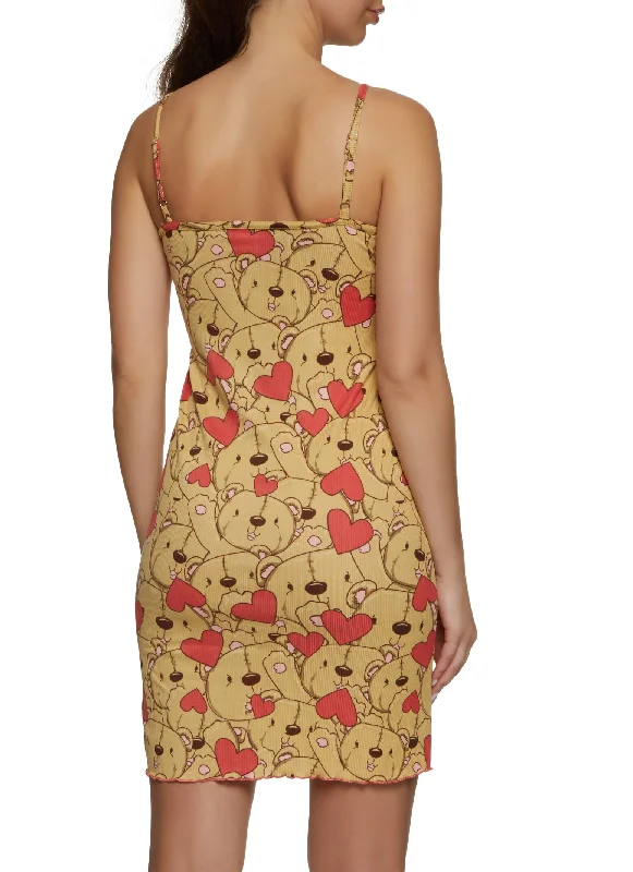 Ribbed Bear Print Cami Nightgown and Robe