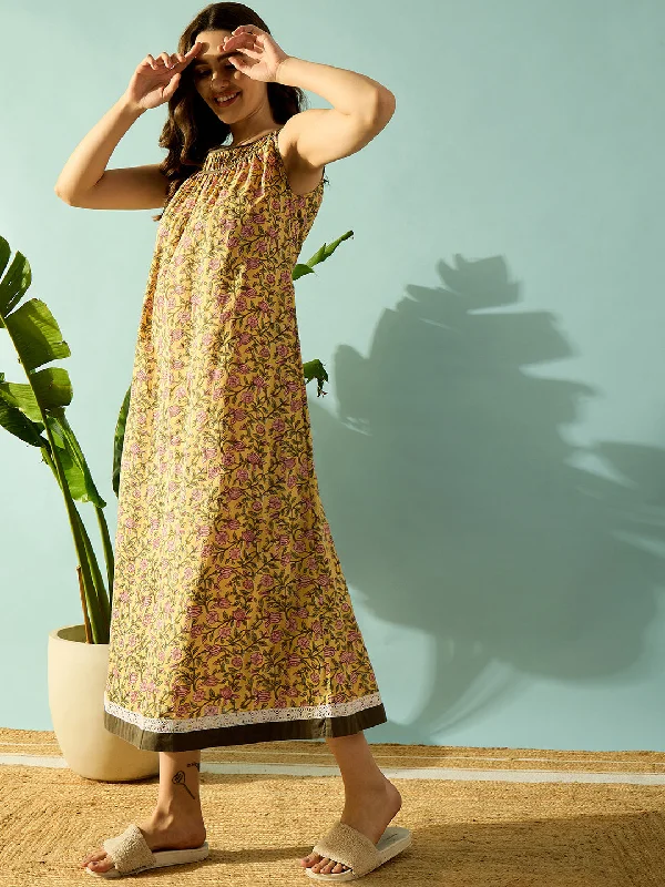 Yellow Petals Cotton Night Dress